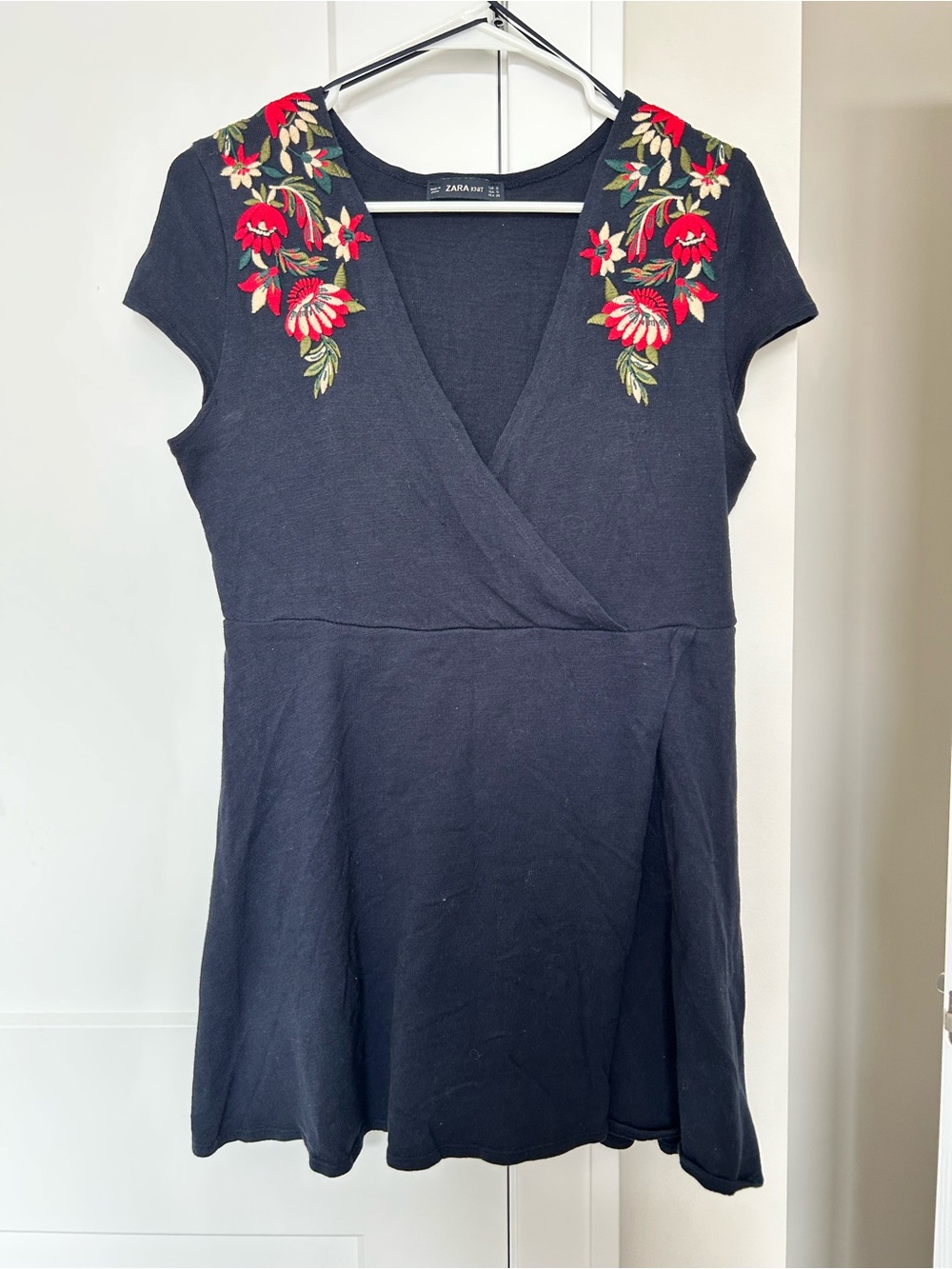 ZARA Navy Blue Embroidered Wrap Dress Size Women's Small